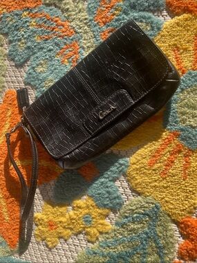 Coach Black Croc-Embossed Leather Wristlet Clutch